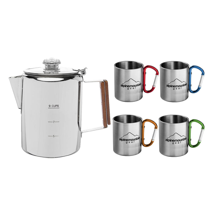 Stainless Steel Coffee Set - Percolator and Mugs - 5 Piece Set