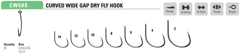 Mustad CW58SAP Curved Wide Gap Dry Fly Hook 1X Strong 2X Short - 25 pack