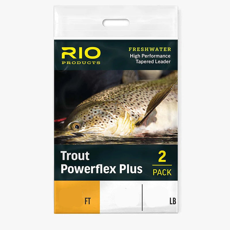 Packaging of RIO Products Trout Powerflex Plus fishing leader with a fish underwater illustration.